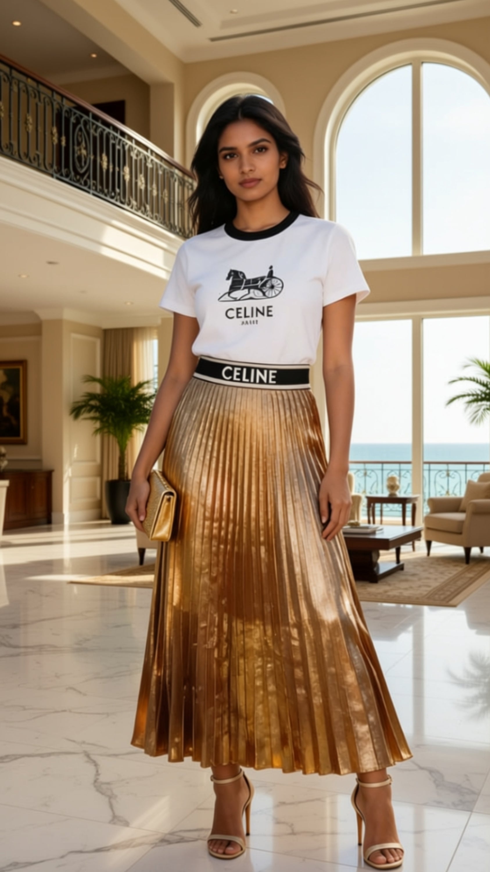 Chic Two Pieces Set Long Pleated Skirt & T-Shirt Set