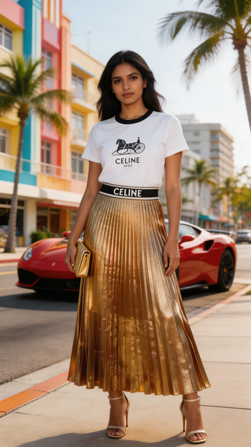 Chic Two Pieces Set Long Pleated Skirt & T-Shirt Set