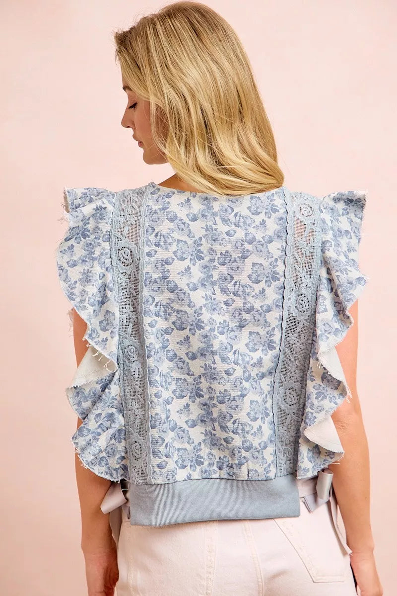 BiBi Floral Printed Twill Lace Trim Detail Side Bow Tied Top